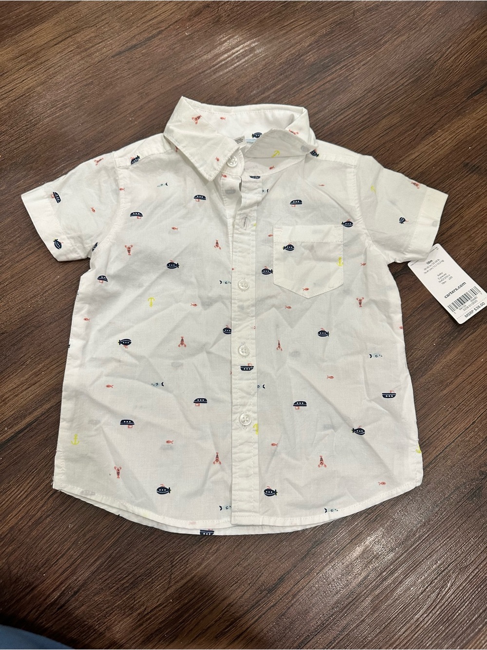 Carter’s Boys White Short-Sleeve Button-Up Nautical Print Shirt Size 18m NWT